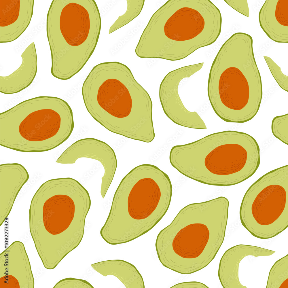 Vector illustration with hand drawn green avocados seamless pattern isolated on white background. Vegetarian food illustration template for poster print, card, menu, textile Vector illustration with hand drawn green avocados seamless pattern isolated on white background. Vegetarian food illustration template for poster print, card, menu, textile