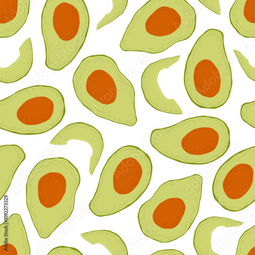 Vector illustration with hand drawn green avocados seamless pattern isolated on white background. Vegetarian food illustration template for poster print, card, menu, textile