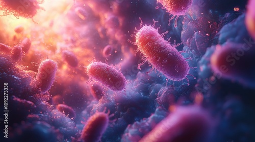 Wallpaper Mural Probiotic Lactobacillus bacteria, realistic texture, high magnification, surrounded by dynamic biofilm, shimmering effect. Torontodigital.ca