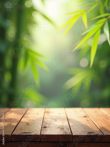 Wooden table with a view of green leaves and a bright sun