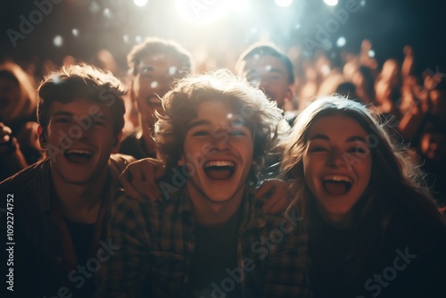 Excited Young Adults Enjoying a Concert, Laughing and Singing Along with the Band photo