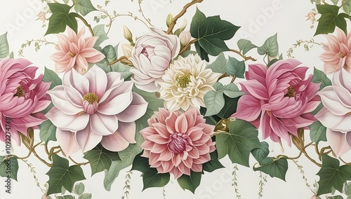 Elegant floral pattern on a white background, dahlia flowers pattern