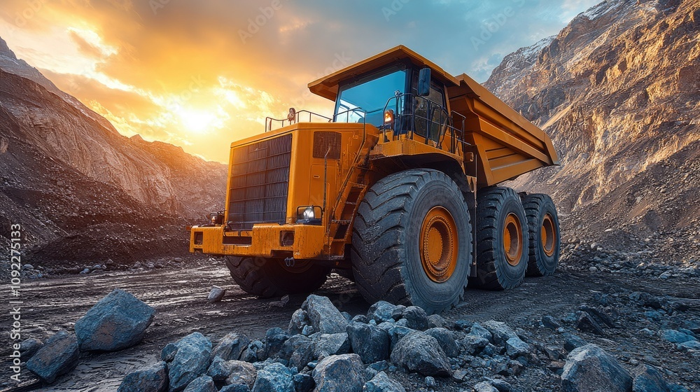 Obraz premium A large yellow dump truck on rocky terrain during sunset, used for mining operations.