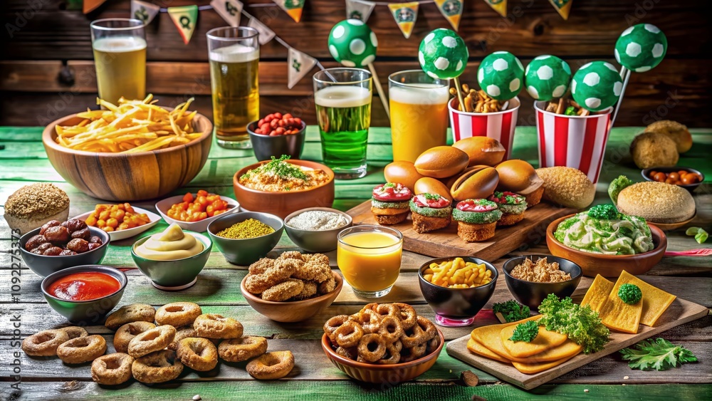 Fototapeta premium Delicious Game Day Snacks Featuring Raider-Themed Dishes and Drinks Perfect for Your Next Tailgate Party or Sports Gathering, Highlighting Team Spirit and Flavorful Ingredients