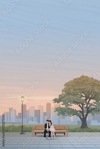 Couple of lover kissing on the bench at public park have skyscraper and vanilla sky vertical background graphic illustration. Sweetheart's dating concept have blank space.