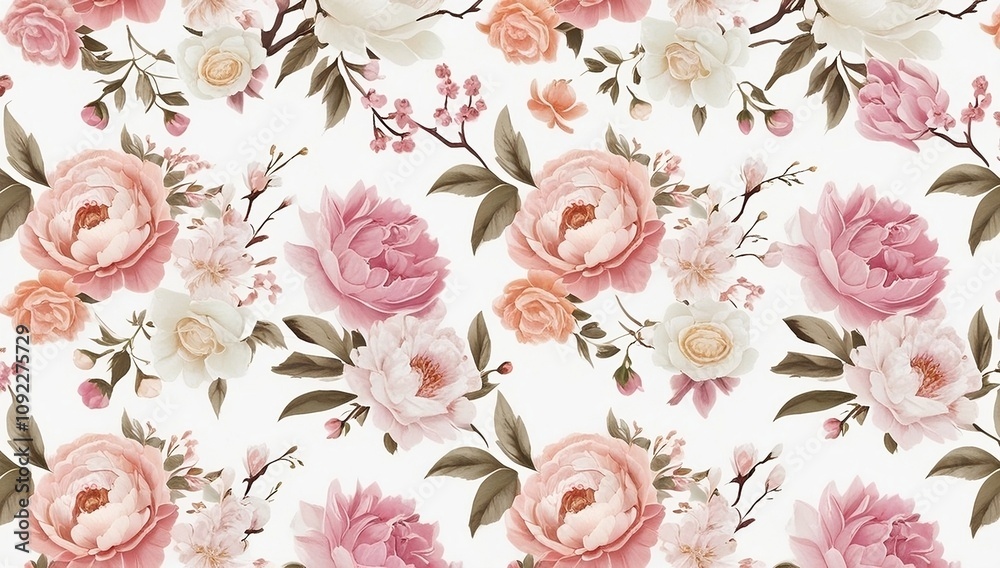 Fototapeta Seamless floral pattern with roses, peonies, and cherry blossoms