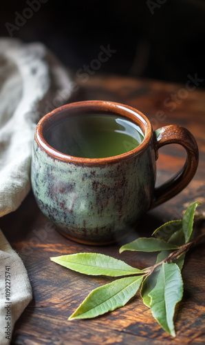 Warm Sassafras Tea with Sassafras Leaves, Soothingly Photorealistic