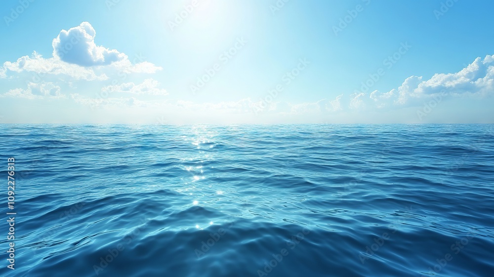 Fototapeta premium Vast sea surface with gentle rolling waves and sparkling blue waters under clear sunny sky, serene ocean background for coastal, nautical, marine, and nature-themed projects