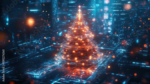 Futuristic digital Christmas tree glowing in a technological landscape.