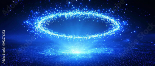glowing blue digital vortex with binary code creating mesmerizing effect. This represents technology, data, and innovation in captivating manner