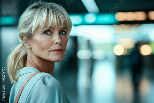 Woman with blonde hair looks back while waiting at a busy transport hub during the day Free Download Woman with blonde hair looks back while waiting at a busy transport hub during the day - GFXLoad