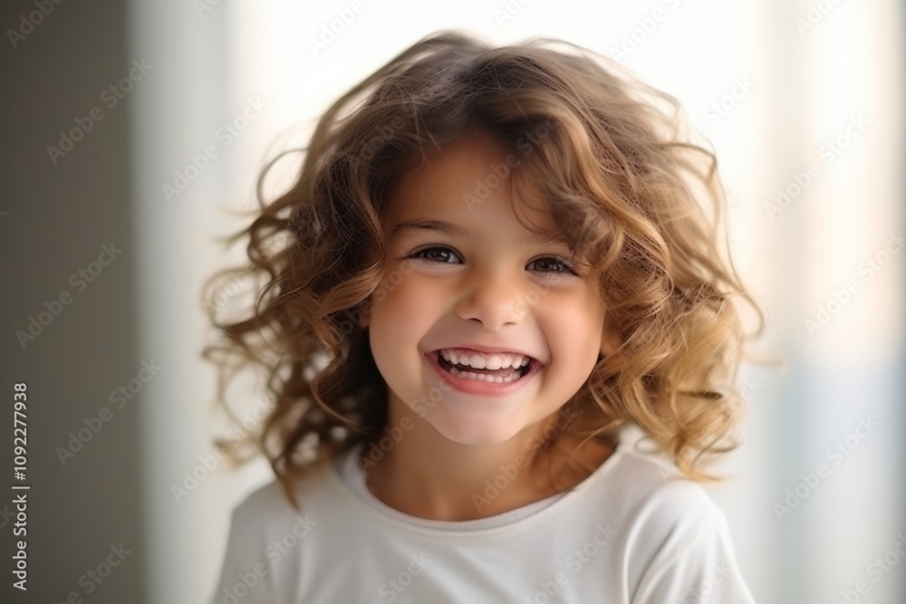 Portrait of a cute little girl with curly hair smiling at camera Portrait of a cute little girl with curly hair smiling at camera