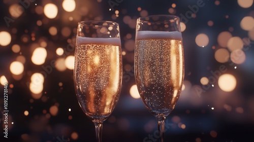 Two Champagne Glasses with Golden Bubbles in a Romantic Candlelit Setting - made with Generative AI photo