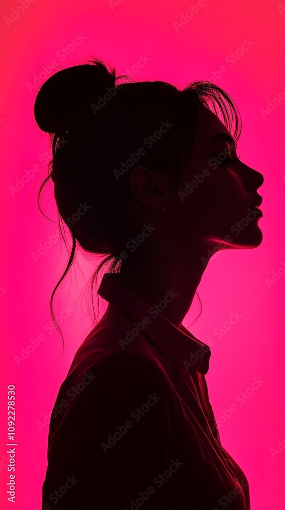 Fototapeta premium Profile silhouette of a woman with tied hair, set against a vivid pink backdrop for a dramatic effect.