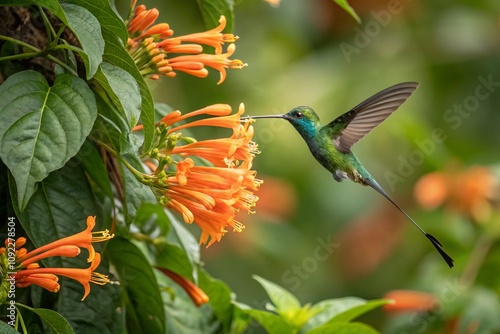 Hummingbird Long-tailed Sylph, Aglaiocercus kingi with orange flower, in flight. Hummingbird from Colombia in the bloom flower, wildlife from tropic jungle photo