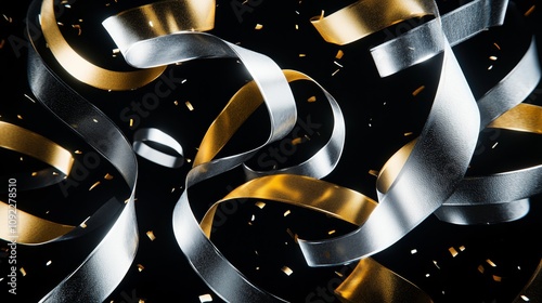 Metallic Gold and Silver Ribbons Twisting Elegantly Against a Dark Background - made with Generative AI photo