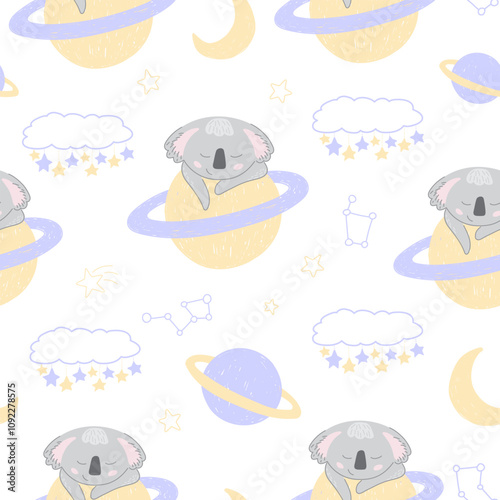 Adorable sleeping koalas in space on white background. Vector seamless pattern with Australian bear. Cute childish bed linen design. Hand drawn marsupials for kids scrapbooking. Nursery wallpaper.