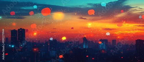 Communication network concept with glowing speech bubbles over city skyscrapers at sunset, vibrant sky, digital connections, modern urban landscape