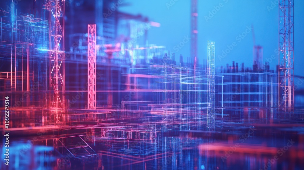 Fototapeta premium Futuristic digital city construction site with neon lights.