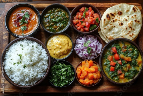 Photo of Indian Food Top View with Different Dishes and Spices photo