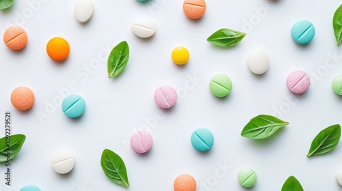 Wallpaper Mural Colorful pills and fresh leaves arranged artistically on a light background, creating a vibrant and health-related visual composition. Torontodigital.ca