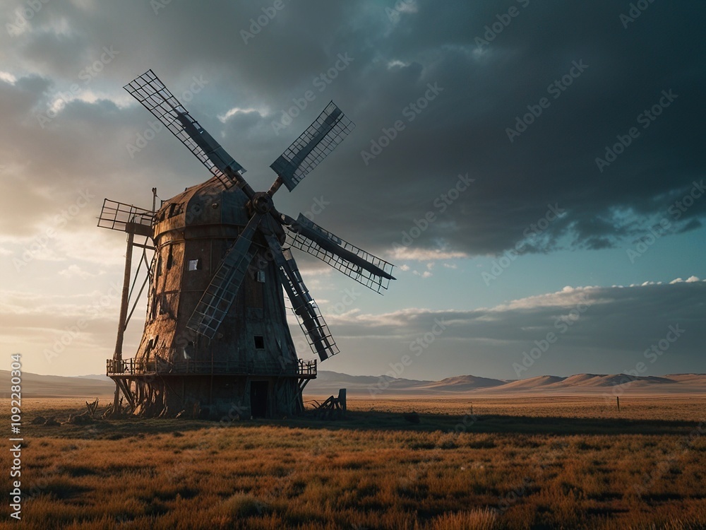 Naklejka premium windmill in the evening