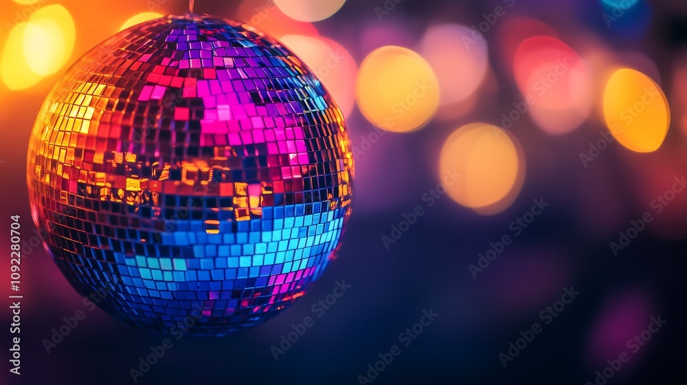 Obraz premium Vibrant Disco Ball Reflecting Colorful Lights Against a Blurred Background, Nightlife and Party Themes