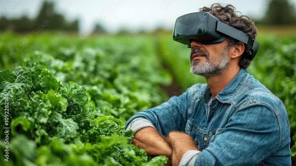 A man wearing VR goggles in a lush field, blending technology with agriculture. A man wearing VR goggles in a lush field, blending technology with agriculture.