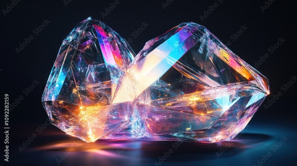 Two iridescent crystals glowing with vibrant internal light on a dark background. Two iridescent crystals glowing with vibrant internal light on a dark background.