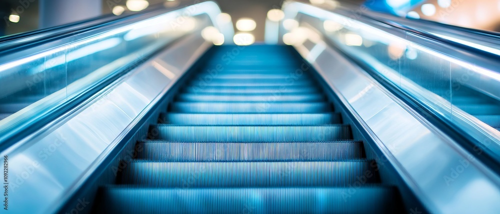 Obraz premium City subway escalator in motion with light blue background and blurred urban infrastructure