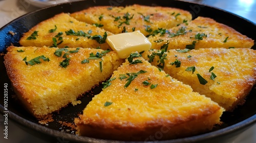 22. Golden cornbread slices with a crumbly texture, served with butter photo