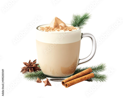 a glass mug with a drink and cinnamon sticks