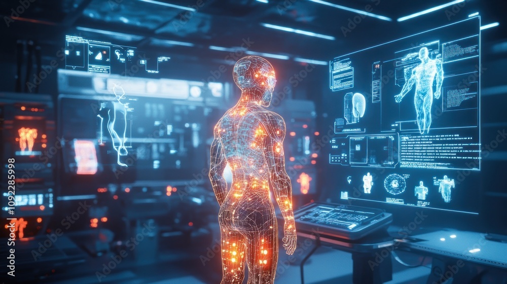Obraz premium Futuristic medical lab with digital human hologram and advanced interface.