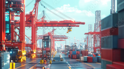 Vibrant port scene with cranes and containers. photo