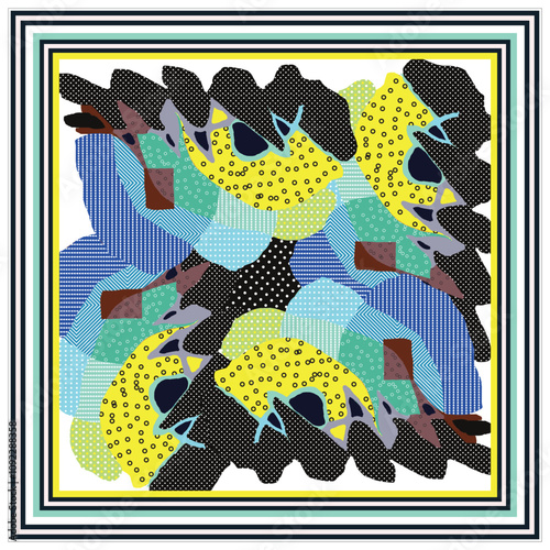 Abstract geometric artwork with layered patterns and vibrant colors, enclosed in a striped frame, 