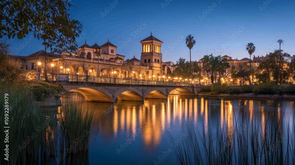 Fototapeta premium Illuminated bridge and building reflected in calm water at twilight.