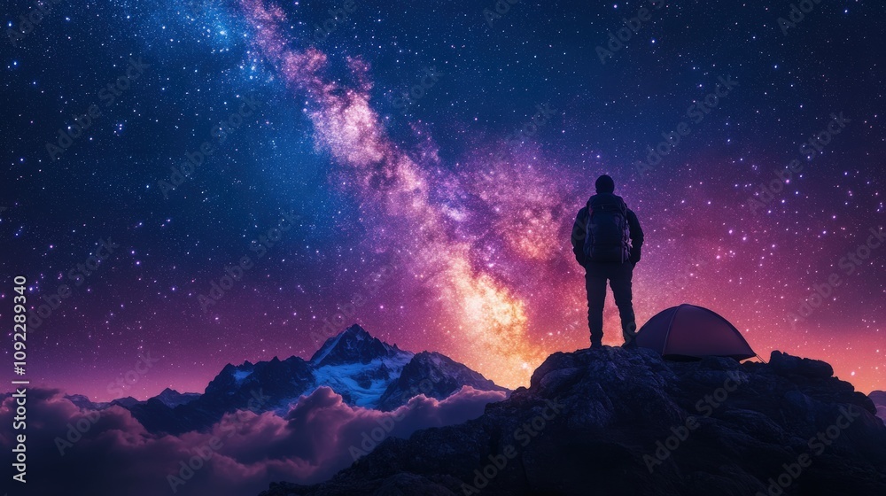 A person gazes at the Milky Way above mountains and a tent, capturing the beauty of nature. A person gazes at the Milky Way above mountains and a tent, capturing the beauty of nature.
