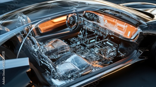 Transparent car interior showcasing mechanical components and design.