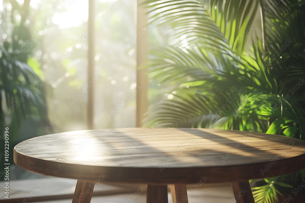 Fototapeta premium Sunlit Wooden Table near Tropical Plants: A Serene Indoor Scene