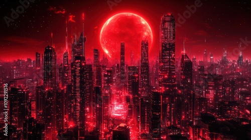 A futuristic city illuminated by red lights under a vivid red moon, Design a futuristic cityscape against a vibrant red background photo