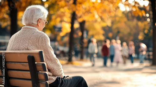 An elderly man sits on a bench in a vibrant autumn park, enjoying the serene atmosphere and colorful foliage surrounding him. photo