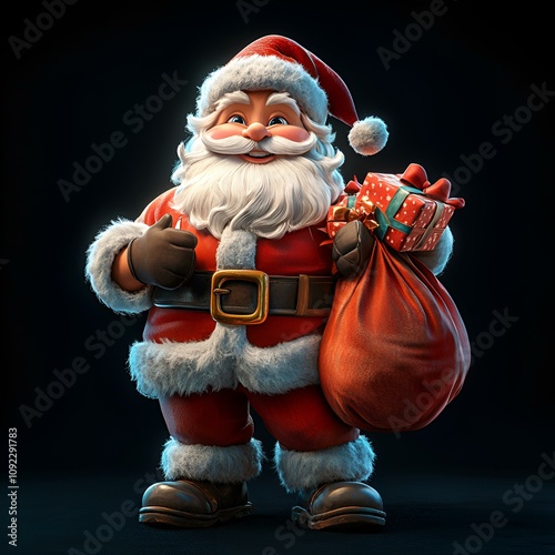 A jolly 3D cartoon Santa Claus carrying a huge sack of gifts, depicted on a black background --ar 1:1 --s 750 photo