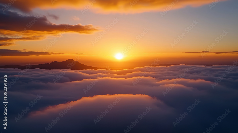 Obraz premium Breathtaking sunset over clouds, showcasing vibrant colors and serene atmosphere, perfect for relaxation and inspiration.