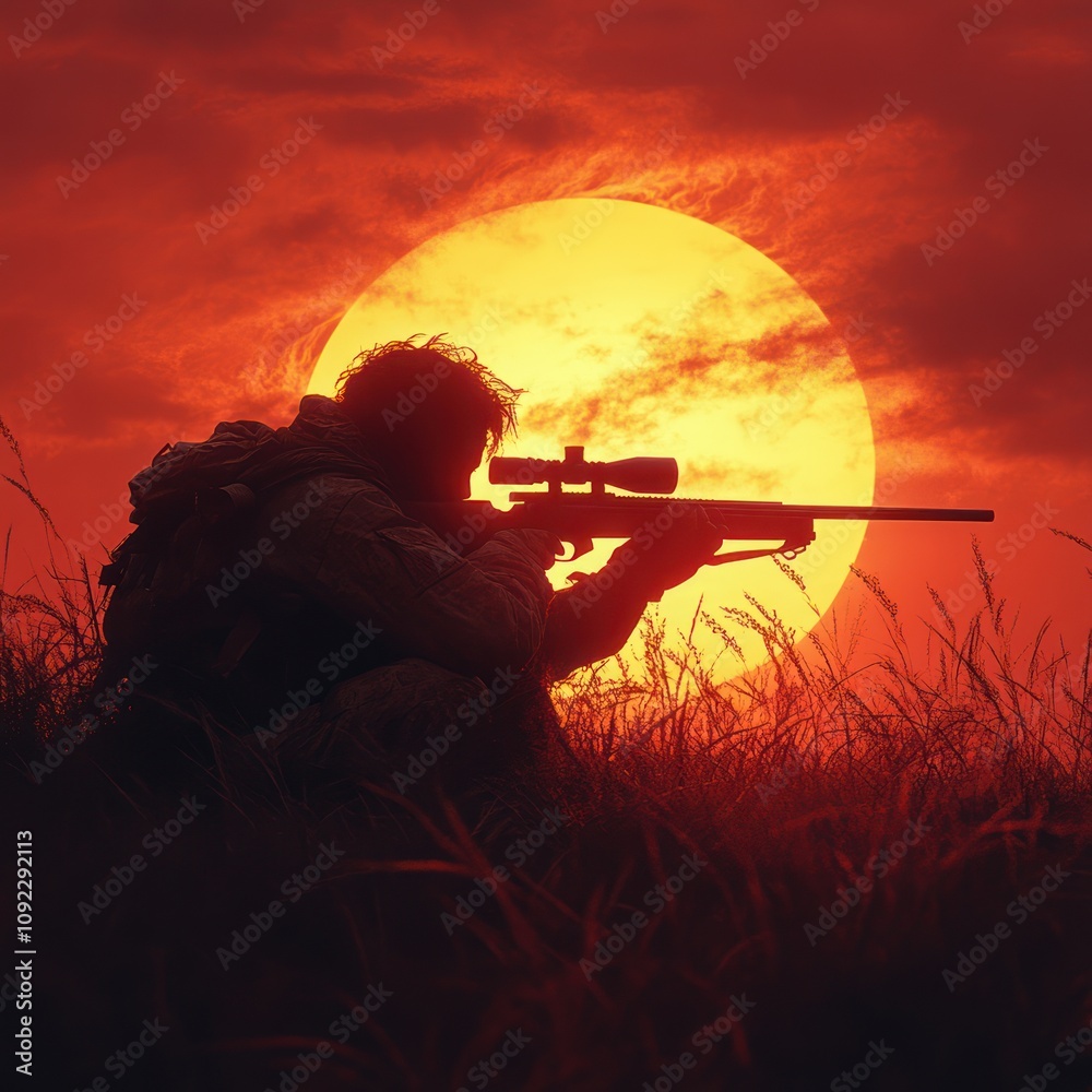 A silhouetted figure aims a sniper rifle against a vibrant sunset backdrop. A silhouetted figure aims a sniper rifle against a vibrant sunset backdrop.