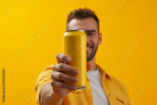 Man holding aluminum can on yellow background photo