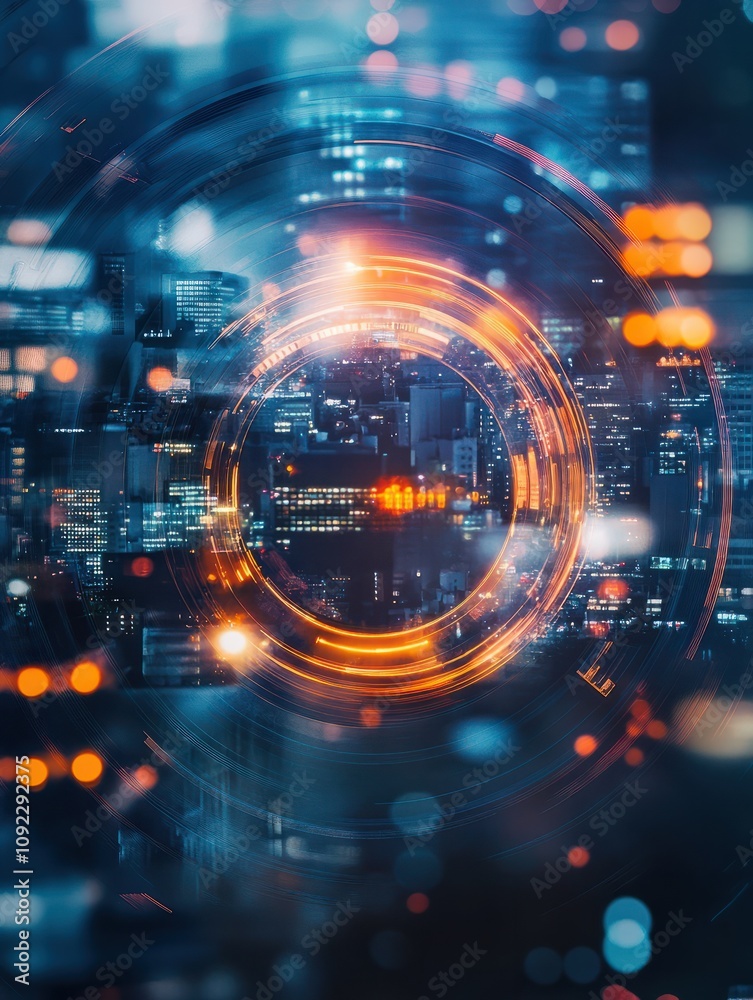 Obraz premium Abstract circular light on blurry city background. Techonolgy, innovation and future concept. Double exposure