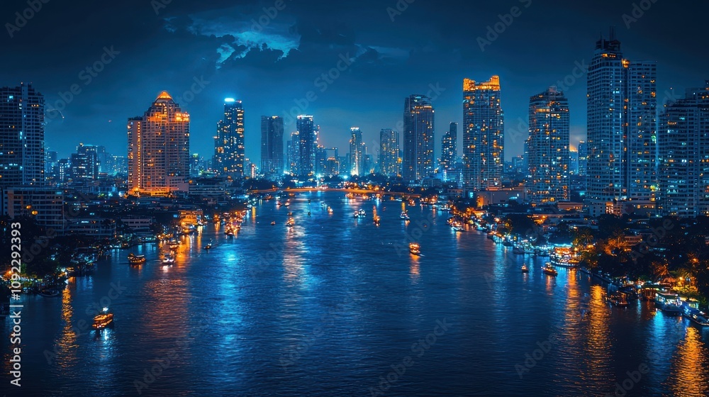 Obraz premium Night Cityscape Illuminated River Skyscrapers Boats