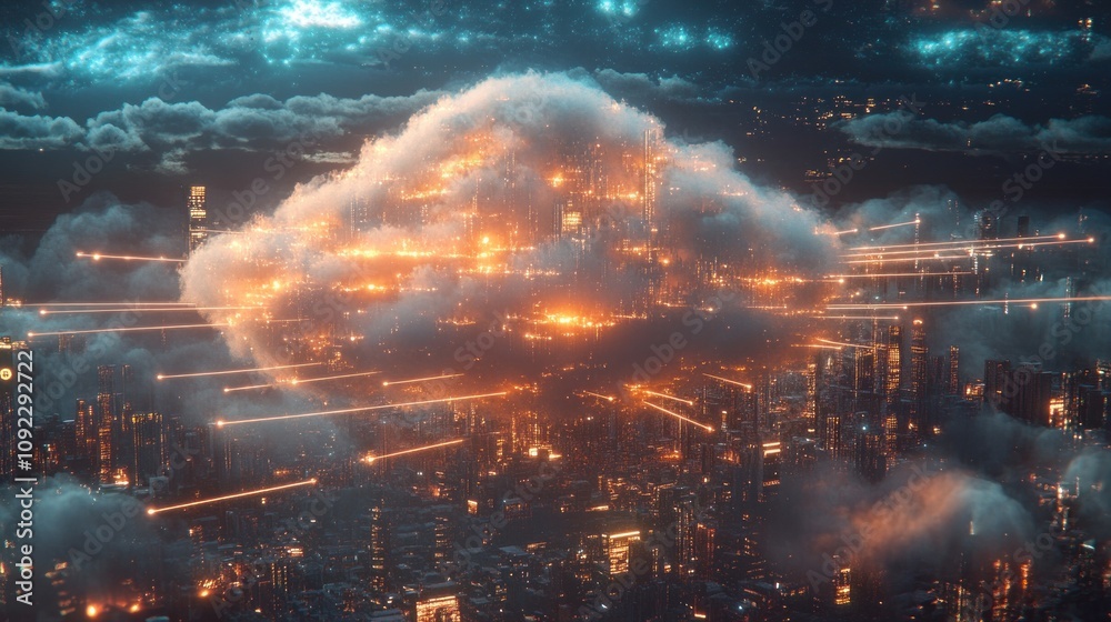 Obraz premium Futuristic city skyline with glowing cloud data center.