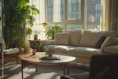 Modern Apartment Interior Design: Sunlight-Filled Living Room with City View