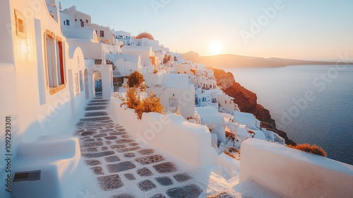 Minimalist white buildings with smooth curves and arches under bright sunlight on Santorini island, Greece, capturing iconic Cycladic architectural beauty. photo